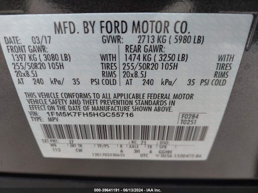 2017 Ford Explorer Limited VIN: 1FM5K7FH5HGC55716 Lot: 39641191