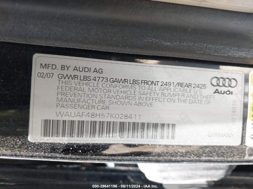 2007 Audi A4 2.0T VIN: WAUAF48H57K028411 Lot: 39641196