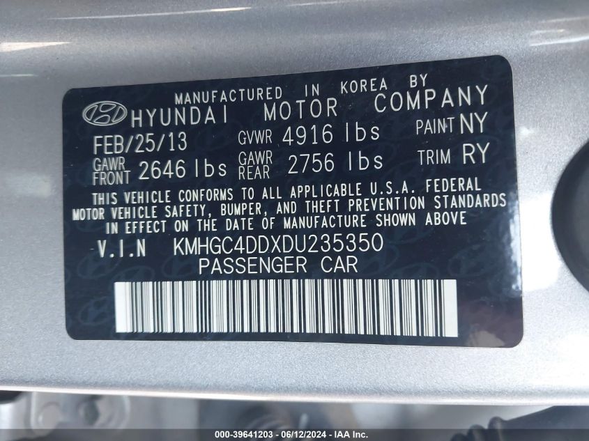 2013 Hyundai Genesis 3.8 VIN: KMHGC4DDXDU235350 Lot: 39641203