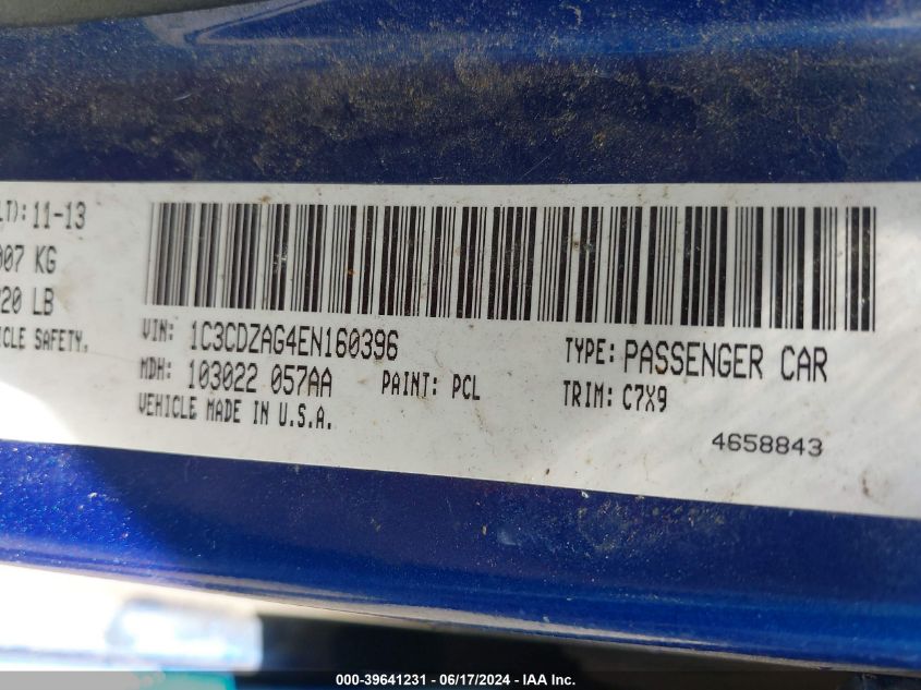 2014 Dodge Avenger Se VIN: 1C3CDZAG4EN160396 Lot: 39641231