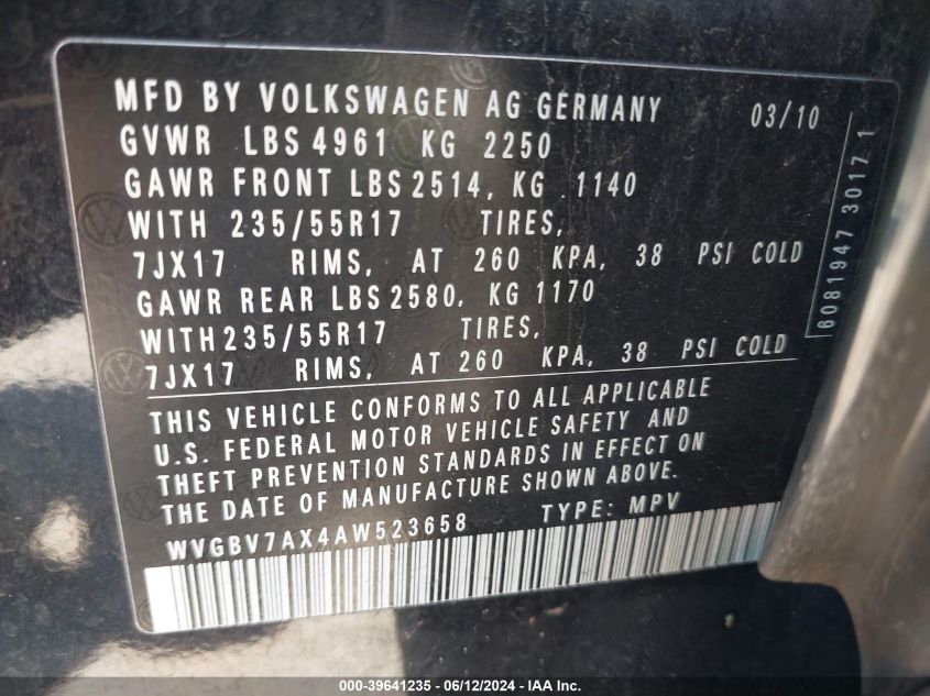 2010 Volkswagen Tiguan S VIN: WVGBV7AX4AW523658 Lot: 39641235