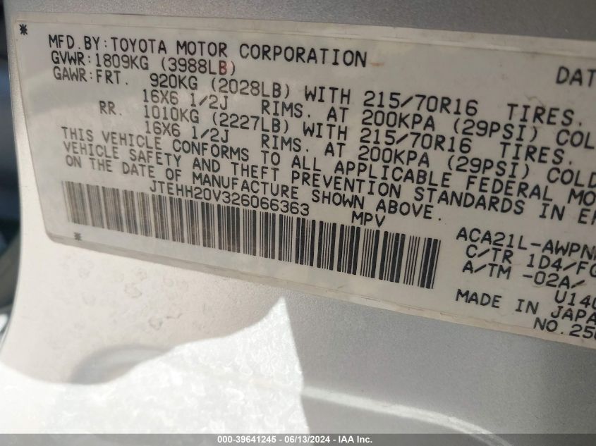 2002 Toyota Rav4 VIN: JTEHH20V326066363 Lot: 39641245