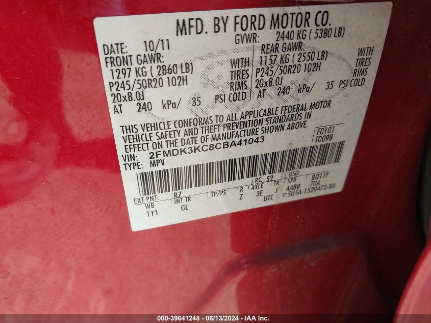 2012 Ford Edge Limited VIN: 2FMDK3KC8CBA41043 Lot: 39641248