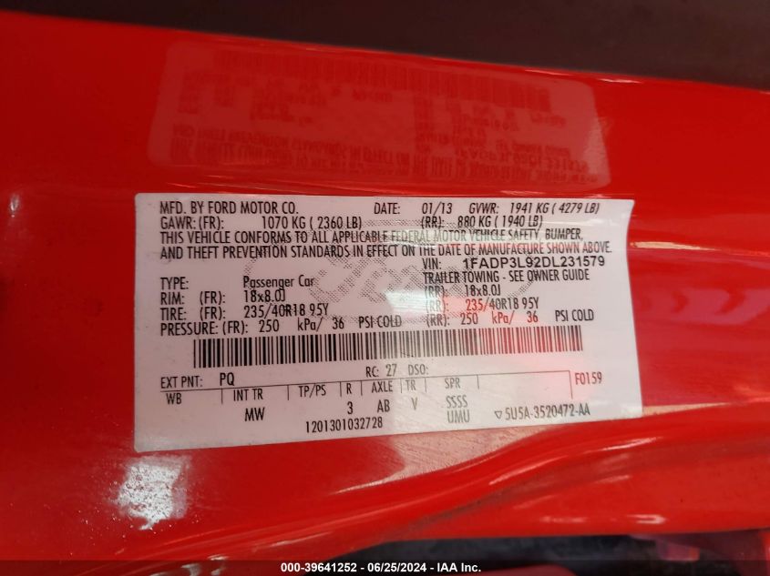 2013 Ford Focus St VIN: 1FADP3L92DL231579 Lot: 39641252