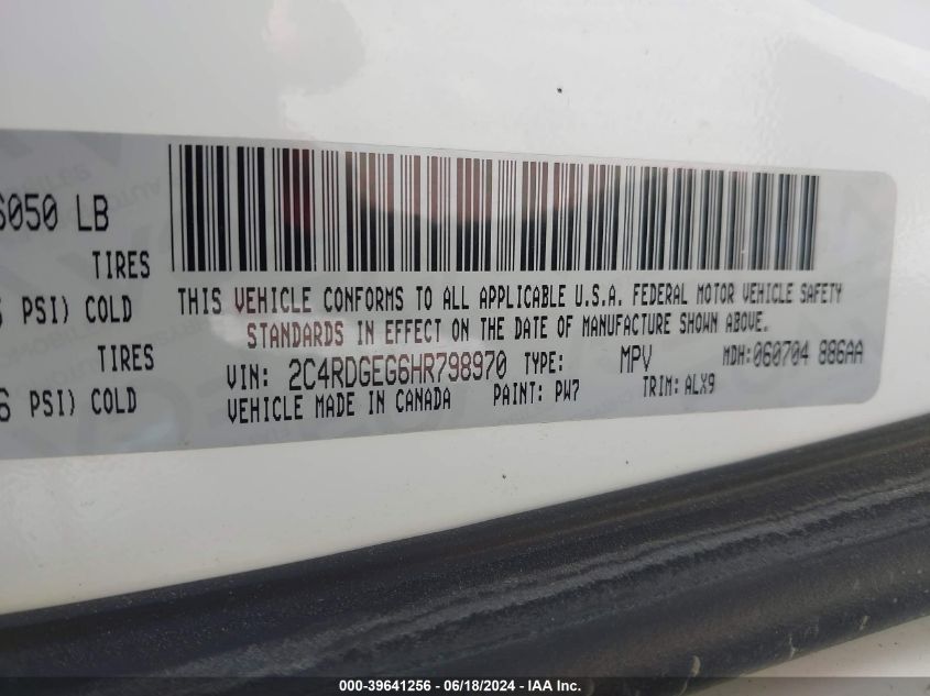 2017 Dodge Grand Caravan Gt VIN: 2C4RDGEG6HR798970 Lot: 39641256