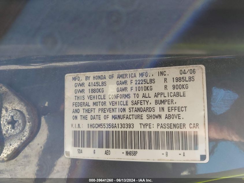 2006 Honda Accord 2.4 Se VIN: 1HGCM55356A130393 Lot: 39641260
