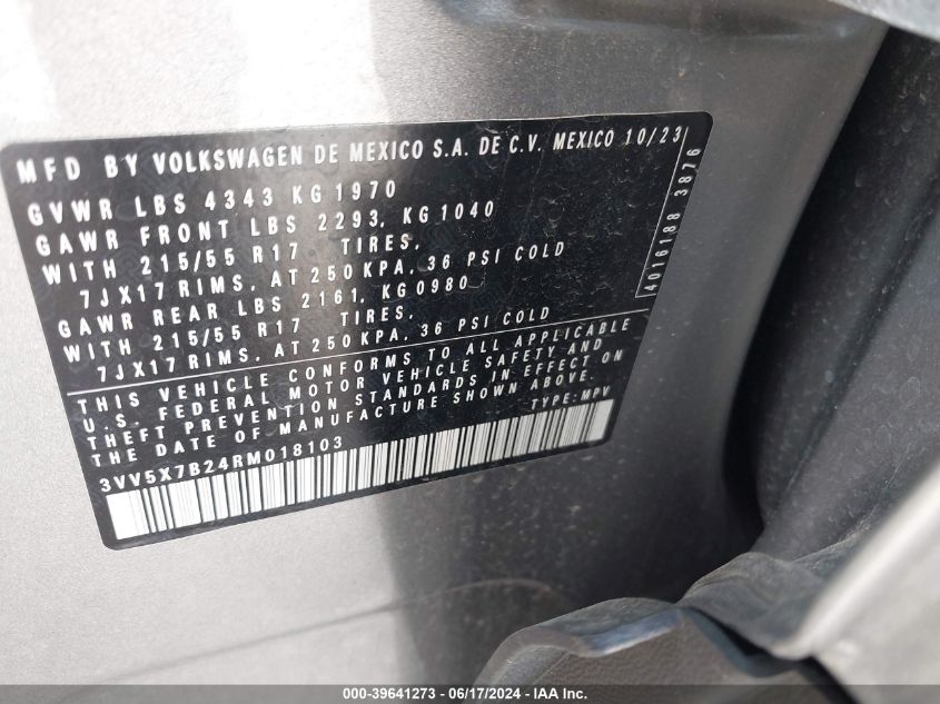 2024 Volkswagen Taos 1.5T S VIN: 3VV5X7B24RM018103 Lot: 39641273