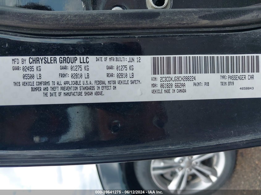2012 Dodge Charger Sxt VIN: 2C3CDXJG9CH288224 Lot: 39641275