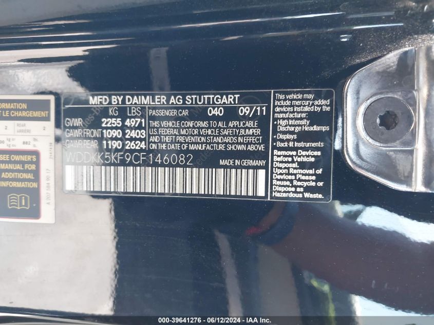 2012 Mercedes-Benz E 350 VIN: WDDKK5KF9CF146082 Lot: 39641276