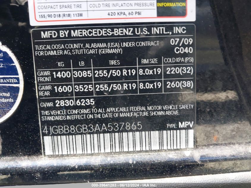 2010 Mercedes-Benz Ml 350 4Matic VIN: 4JGBB8GB3AA537865 Lot: 39641283