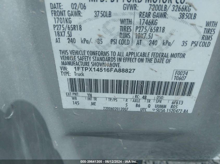 2006 Ford F150 VIN: 1FTPX14516FA88827 Lot: 39641305