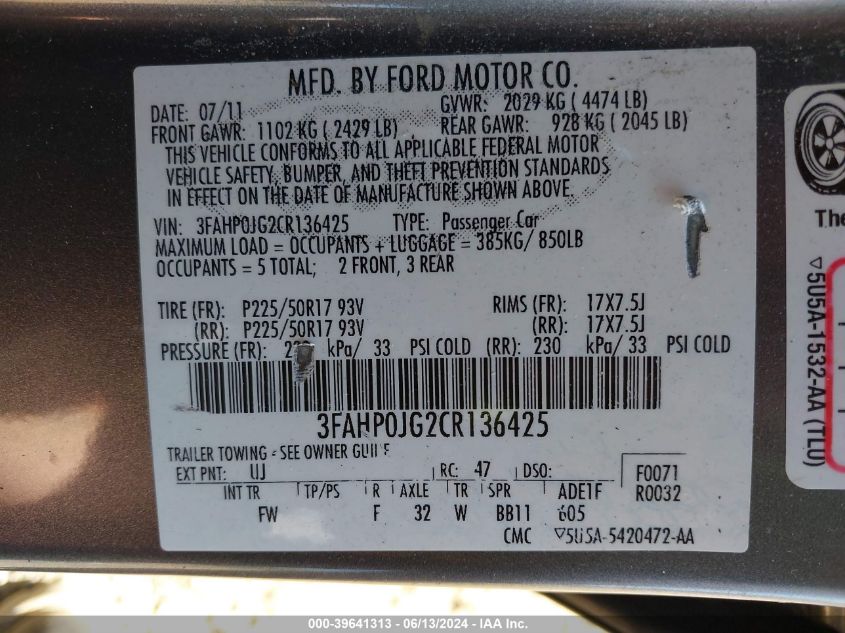 2012 Ford Fusion Sel VIN: 3FAHP0JG2CR136425 Lot: 39641313