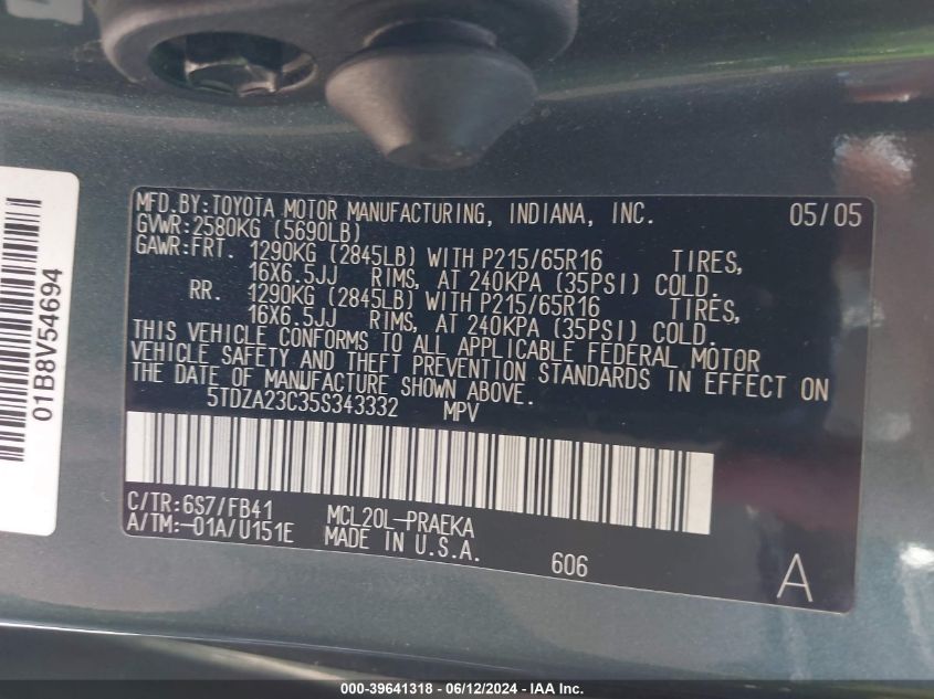 2005 Toyota Sienna Le VIN: 5TDZA23C35S343332 Lot: 39641318