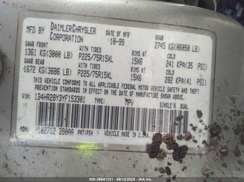 2000 Dodge Durango VIN: 1B4HR28Y3YF153301 Lot: 39641331