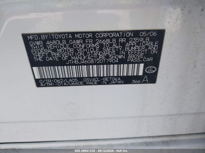 2007 Lexus Es 350 VIN: JTHBJ46G872017904 Lot: 39641335