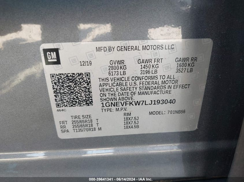 2020 Chevrolet Traverse Awd Ls VIN: 1GNEVFKW7LJ193040 Lot: 39641341