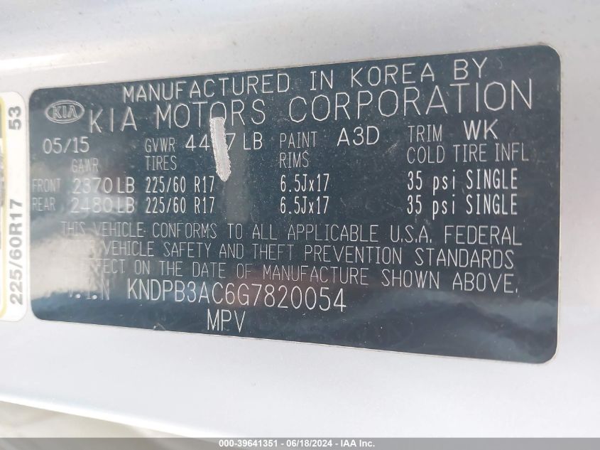 2016 Kia Sportage Lx VIN: KNDPB3AC6G7820054 Lot: 39641351
