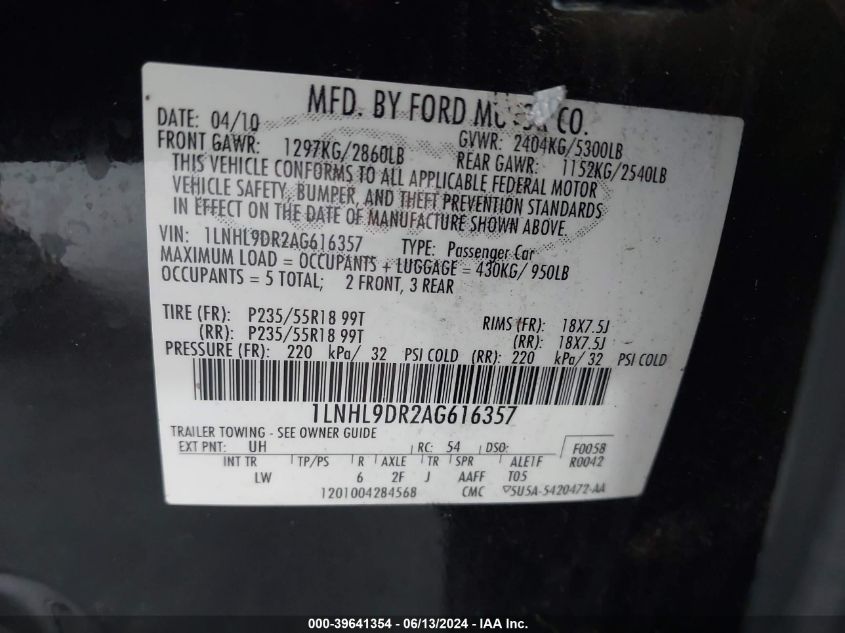 2010 Lincoln Mks VIN: 1LNHL9DR2AG616357 Lot: 39641354