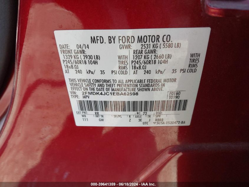 2014 Ford Edge Sel VIN: 2FMDK4JC1EBA62598 Lot: 39641359