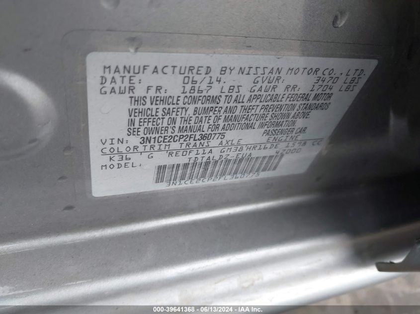 2015 Nissan Versa Note Sv VIN: 3N1CE2CP2FL360775 Lot: 39641368