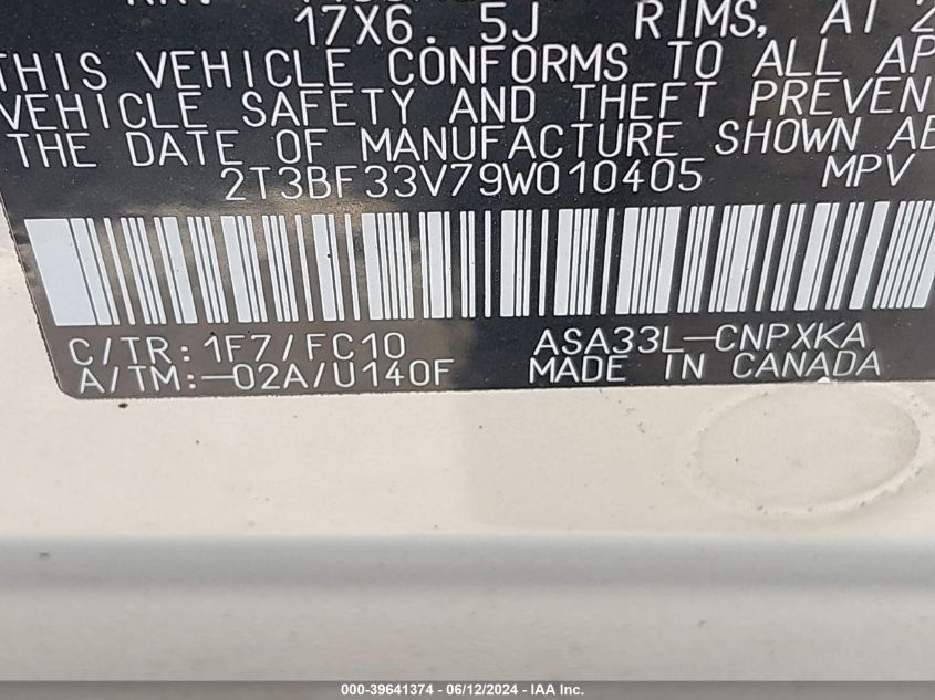 2009 Toyota Rav4 VIN: 2T3BF33V79W010405 Lot: 39641374