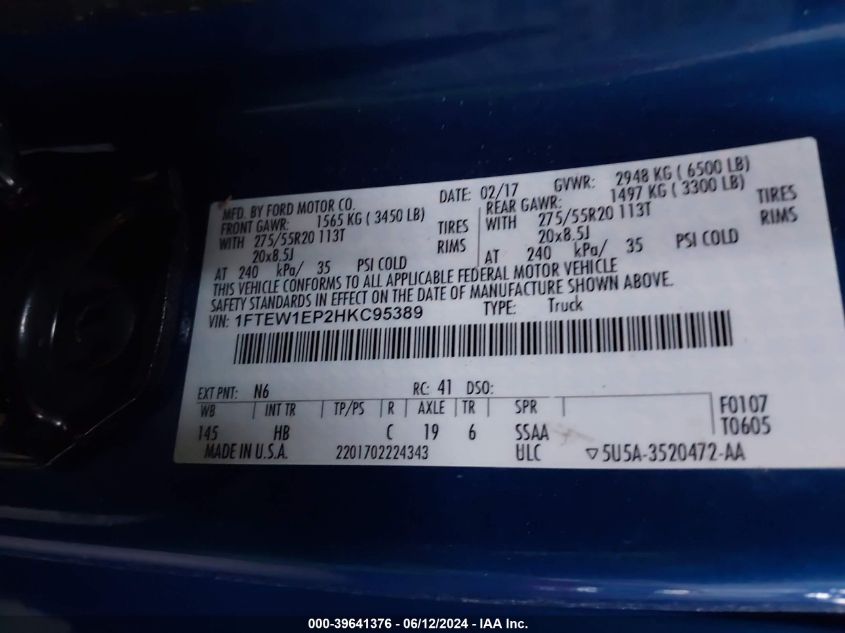 2017 Ford F-150 Lariat VIN: 1FTEW1EP2HKC95389 Lot: 39641376