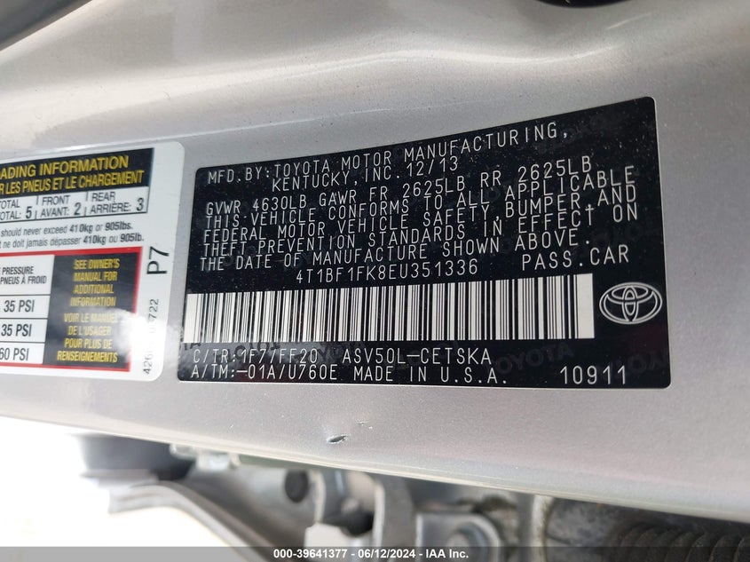 2014 Toyota Camry Se VIN: 4T1BF1FK8EU351336 Lot: 39641377