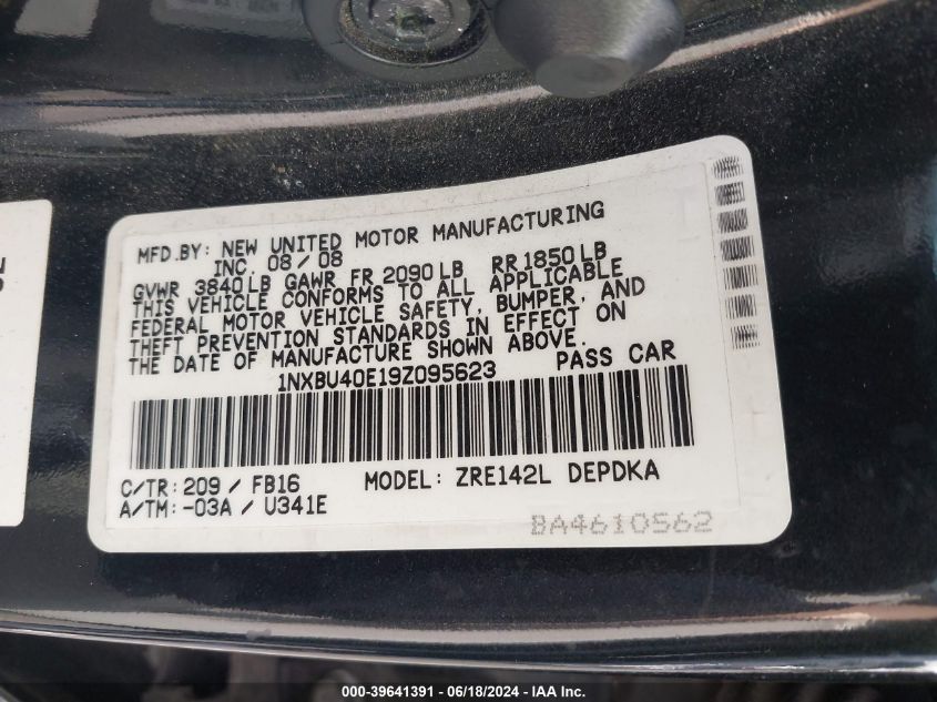 2009 Toyota Corolla Le VIN: 1NXBU40E19Z095623 Lot: 39641391