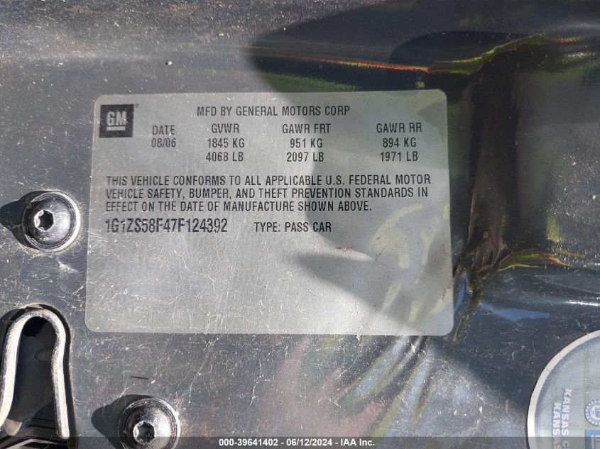 2007 Chevrolet Malibu Ls VIN: 1G1ZS58F47F124392 Lot: 39641402