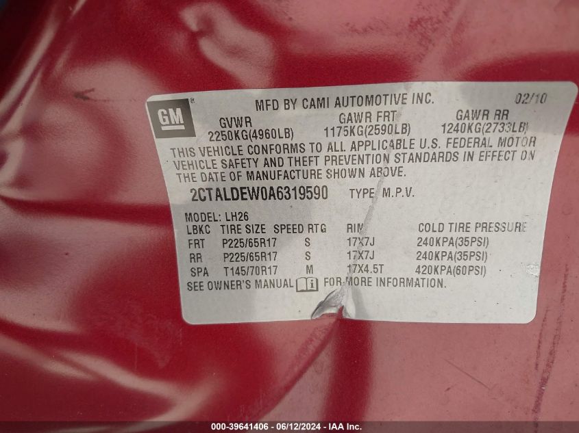 2010 GMC Terrain Sle-2 VIN: 2CTALDEW0A6319590 Lot: 39641406