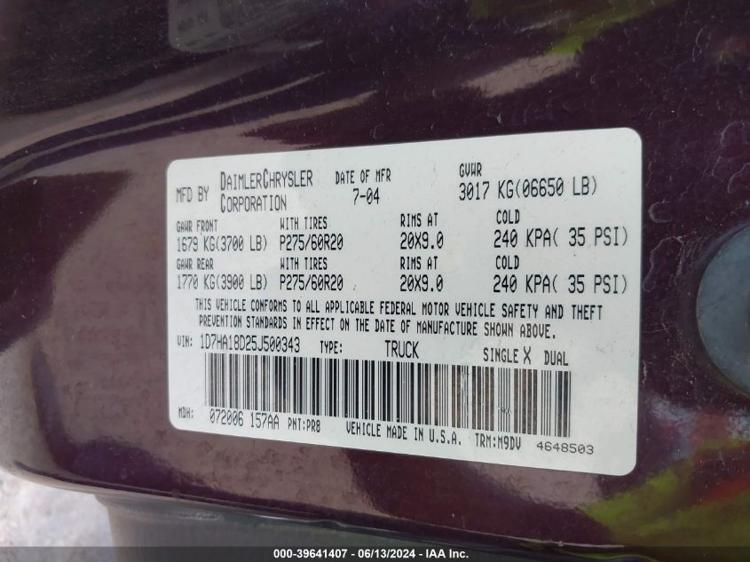 2005 Dodge Ram 1500 Slt/Laramie VIN: 1D7HA18D25J500343 Lot: 39641407