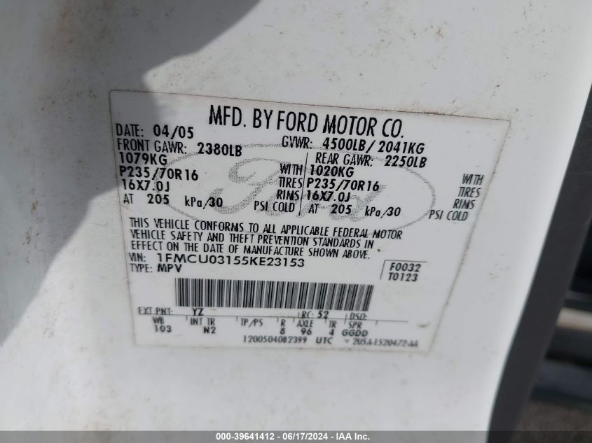 2005 Ford Escape Xlt VIN: 1FMCU03155KE23153 Lot: 39641412