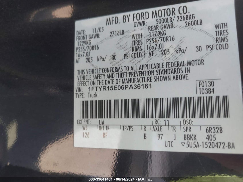 2006 Ford Ranger Fx4 Off-Road/Sport/Xl/Xlt VIN: 1FTYR15E06PA36161 Lot: 39641431