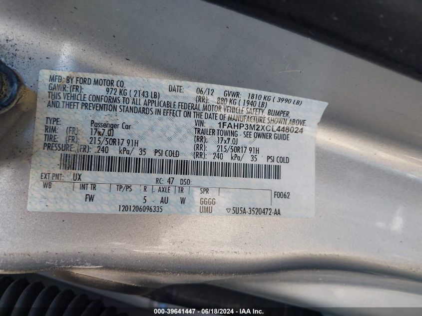 2012 Ford Focus Sel VIN: 1FAHP3M2XCL448024 Lot: 39641447