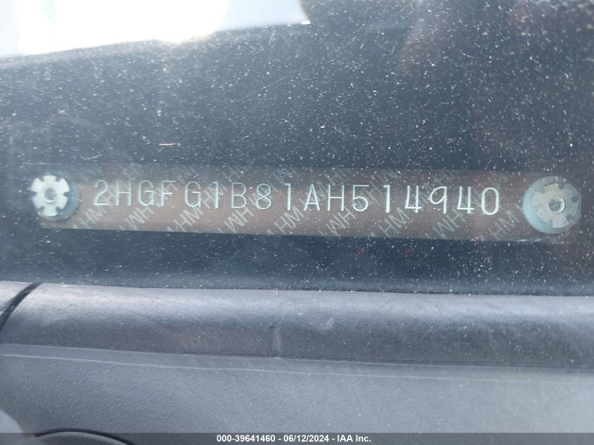 2010 Honda Civic Ex VIN: 2HGFG1B81AH514940 Lot: 39641460