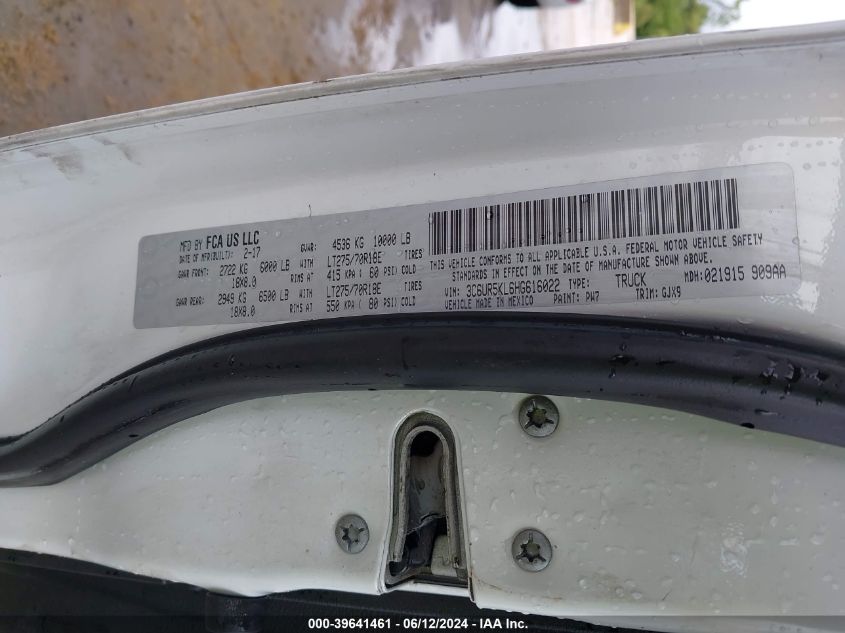 2017 Ram 2500 Laramie 4X4 8' Box VIN: 3C6UR5KL6HG616022 Lot: 39641461