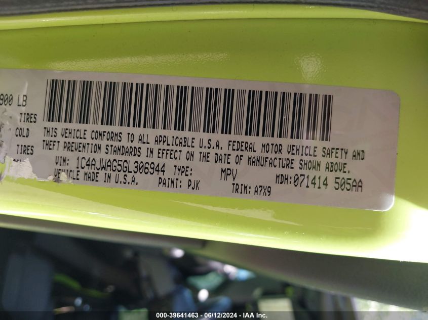 2016 Jeep Wrangler Sport VIN: 1C4AJWAG5GL306944 Lot: 39641463