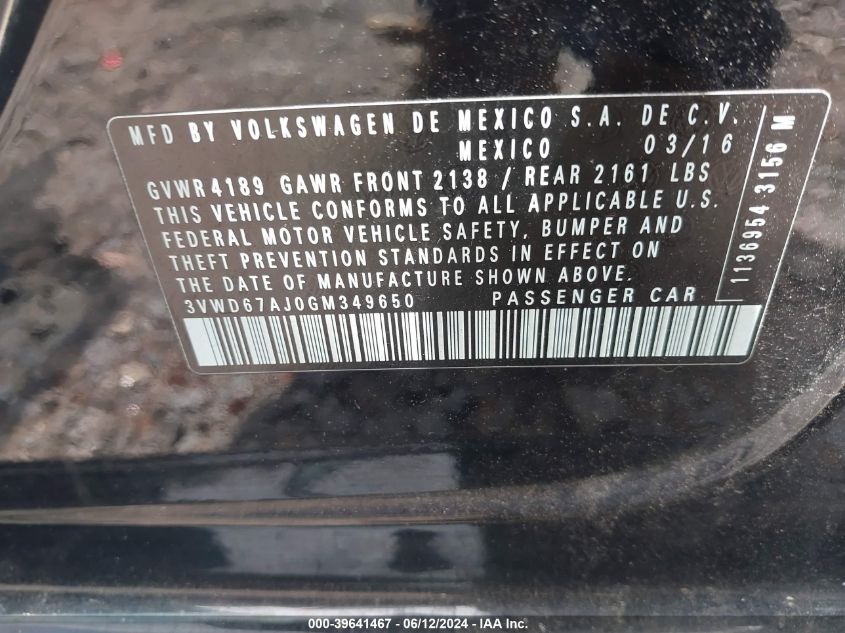 2016 Volkswagen Jetta 1.4T Se VIN: 3VWD67AJ0GM349650 Lot: 39641467