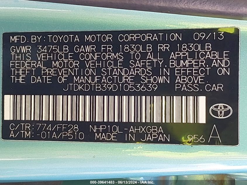 2013 Toyota Prius C Three VIN: JTDKDTB39D1053639 Lot: 39641483