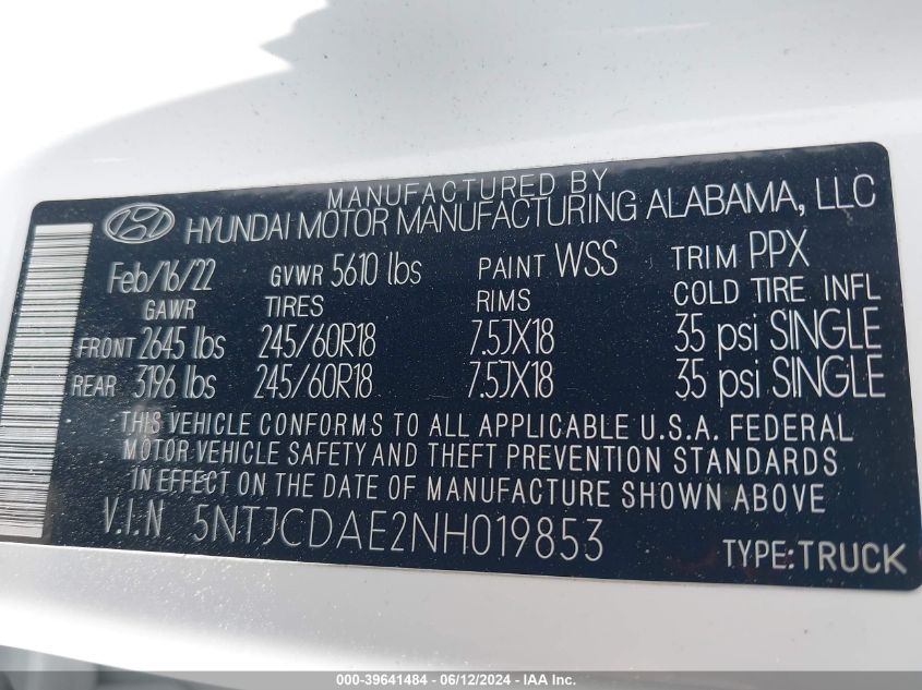 2022 Hyundai Santa Cruz Sel VIN: 5NTJCDAE2NH019853 Lot: 39641484