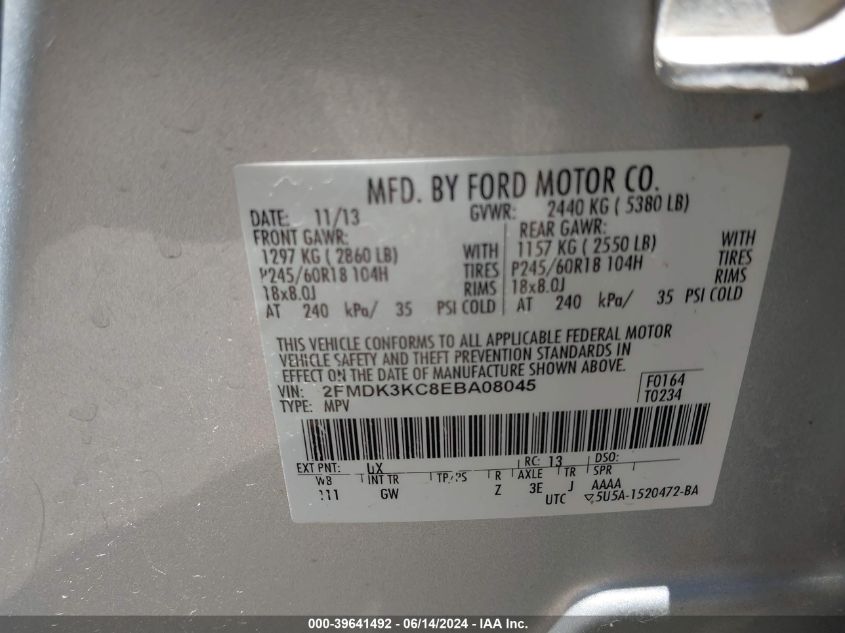 2014 Ford Edge Limited VIN: 2FMDK3KC8EBA08045 Lot: 39641492