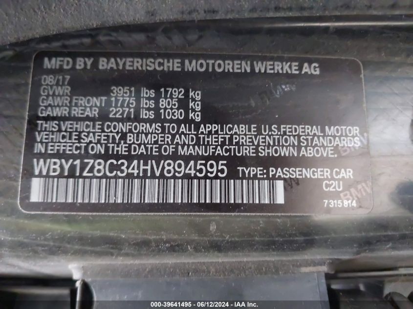 2017 BMW I3 94 Ah W/Range Extender VIN: WBY1Z8C34HV894595 Lot: 39641495