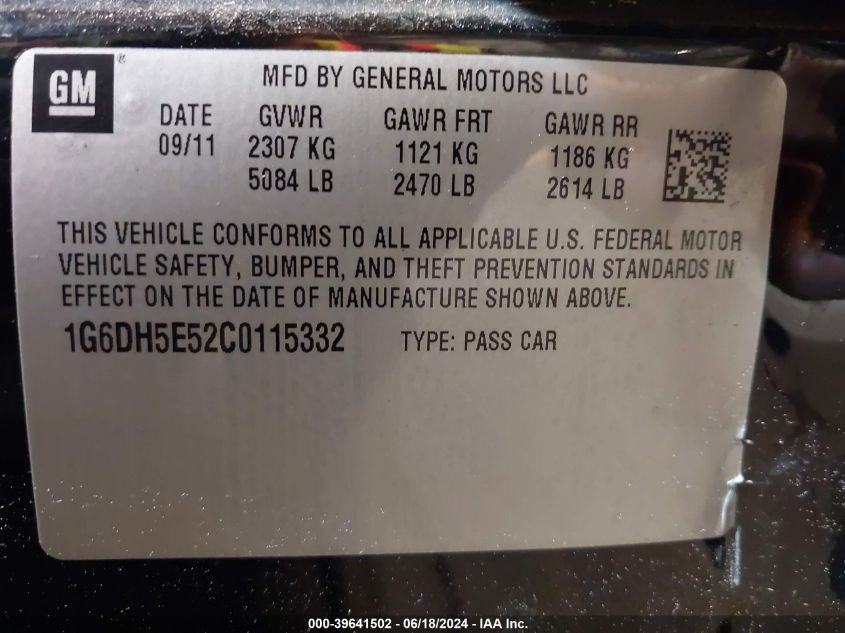 2012 Cadillac Cts Luxury VIN: 1G6DH5E52C0115332 Lot: 39641502