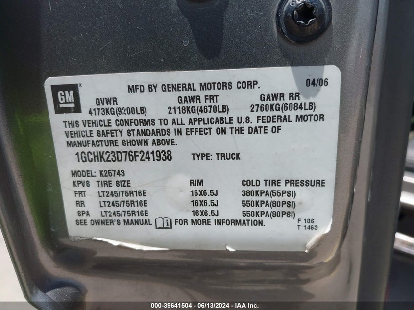 2006 Chevrolet Silverado 2500Hd Lt1 VIN: 1GCHK23D76F241938 Lot: 39641504