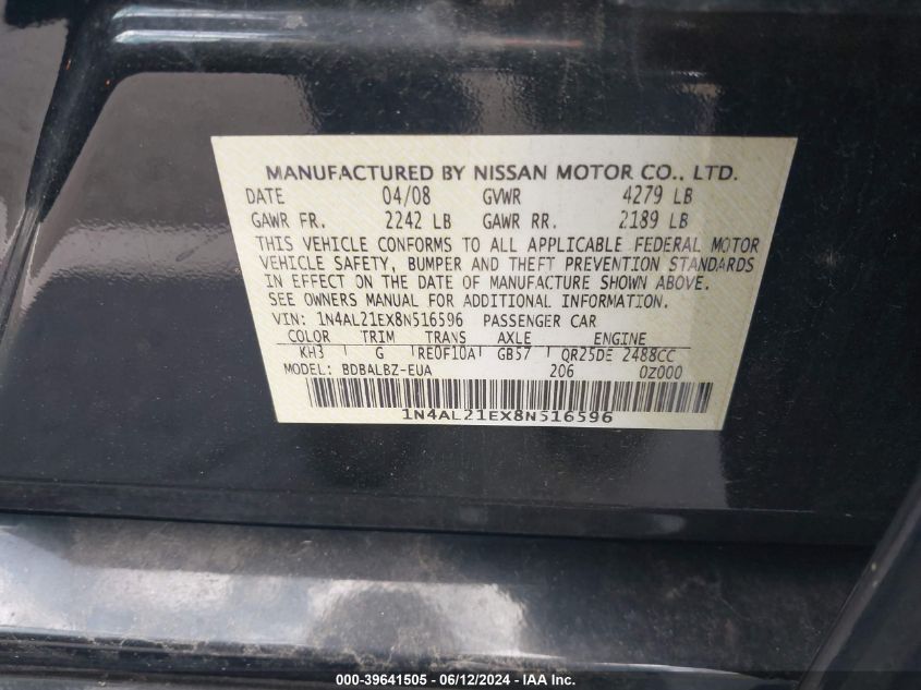 2008 Nissan Altima 2.5 S VIN: 1N4AL21EX8N516596 Lot: 39641505