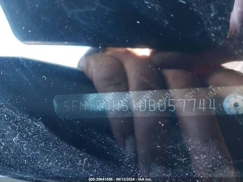 2013 Honda Pilot Ex-L VIN: 5FNYF4H51DB057744 Lot: 39641506