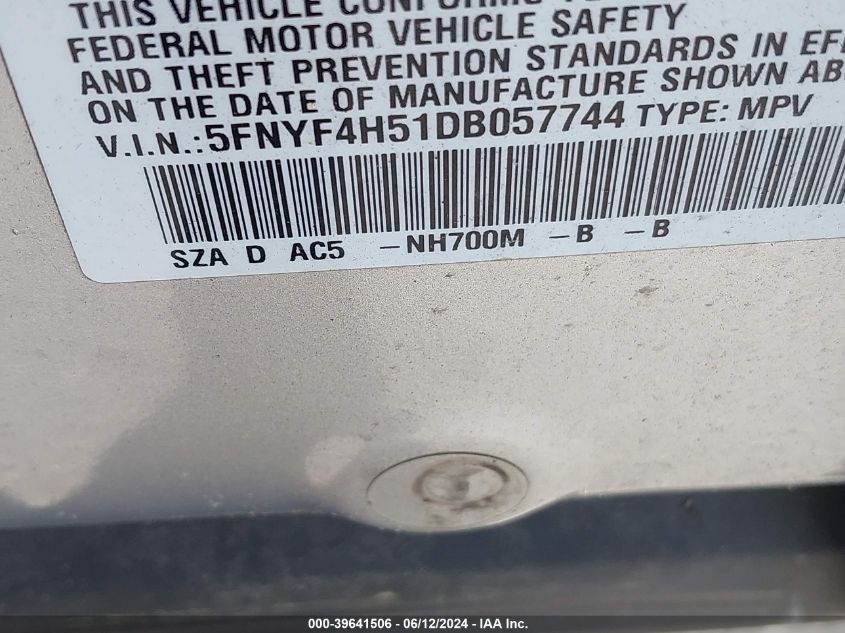 2013 Honda Pilot Ex-L VIN: 5FNYF4H51DB057744 Lot: 39641506