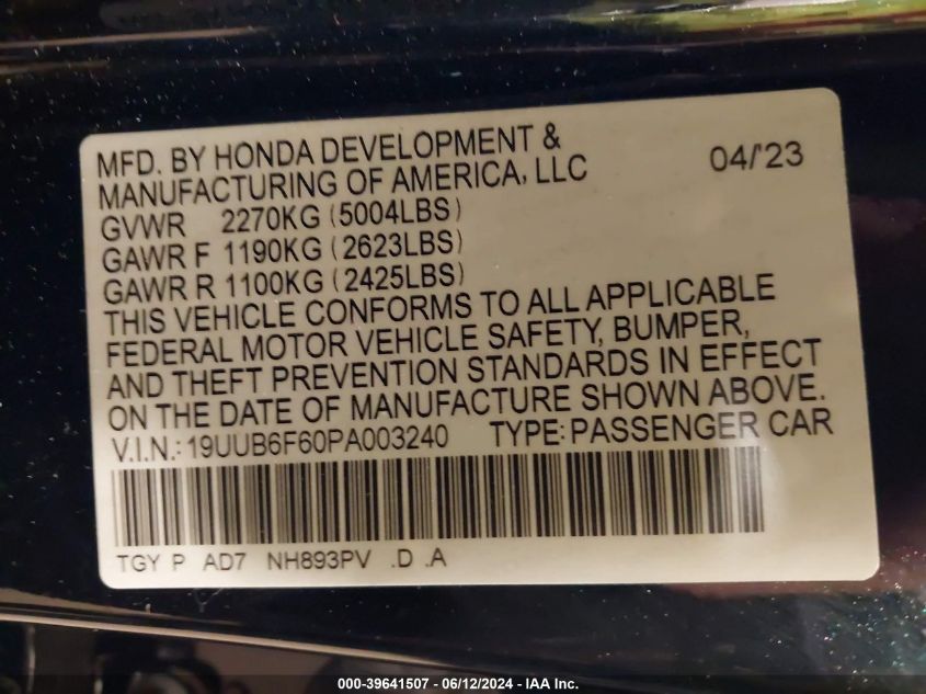2023 Acura Tlx Advance Package VIN: 19UUB6F60PA003240 Lot: 39641507
