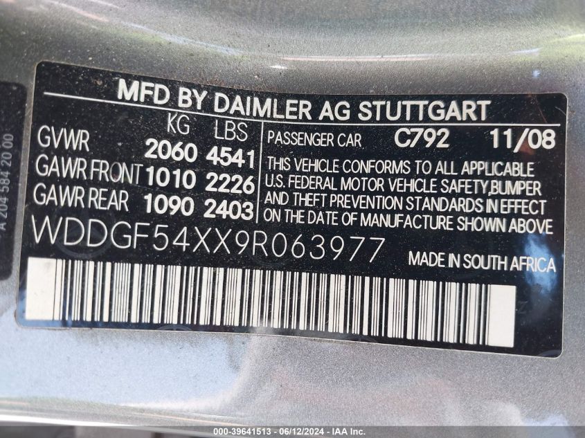 2009 Mercedes-Benz C 300 Luxury/Sport VIN: WDDGF54XX9R063977 Lot: 39641513