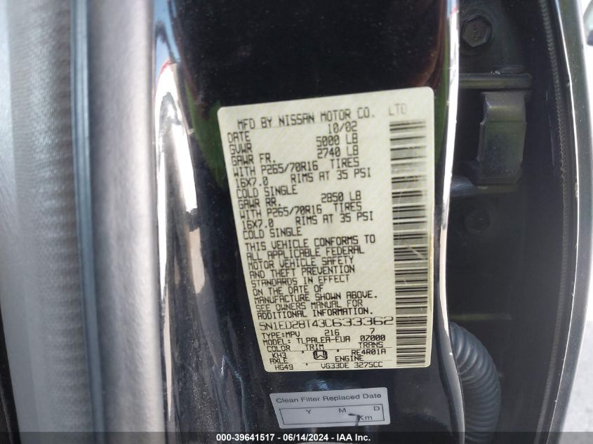 2003 Nissan Xterra Xe VIN: 5N1ED28T43C633362 Lot: 39641517